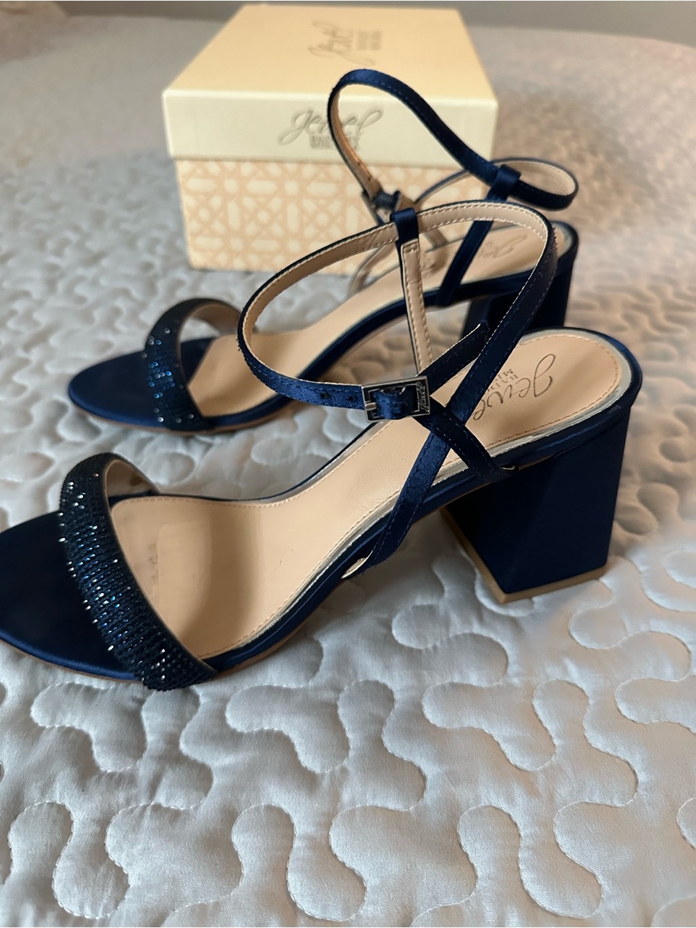 Badgley Mischka Navy Satin Block Heel Sandals with Crystal Strap - Picture 4 of 5